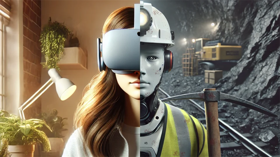 An image divided into two that shows a woman wearing a virtual reality headset in a comfortable office on the left and a humanoid robot with a hard hat working in a mine with a pickaxe on the right.