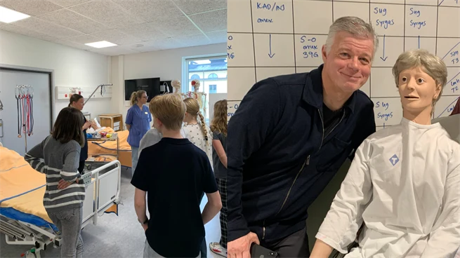 Elever besöker sjukvårdsutbildningen kliniska träningsanläggning. Till vänster, Mathias Larsson, koordinator Barnens univeristet