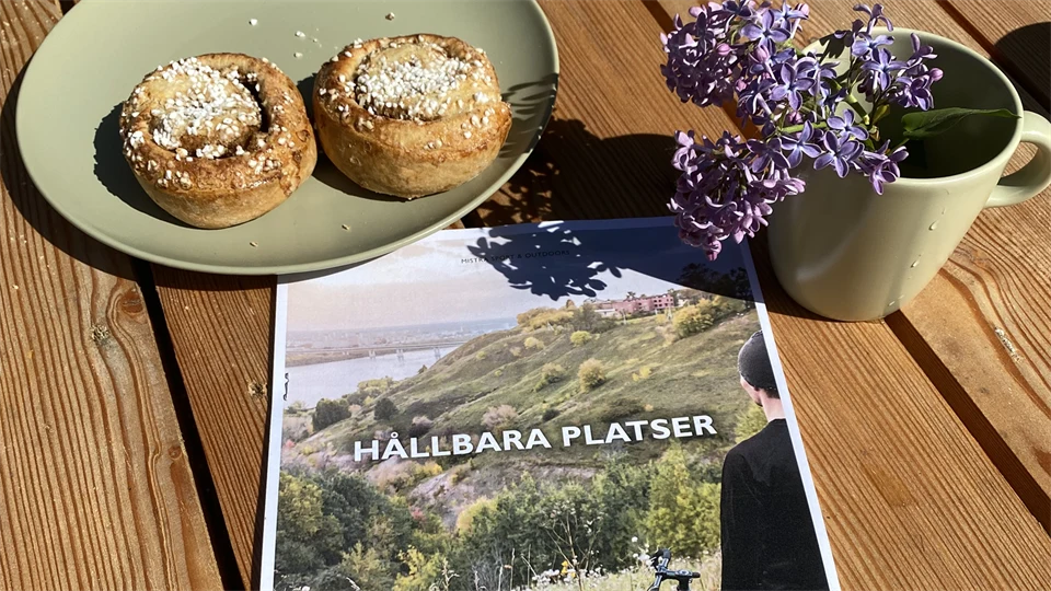 Boken "Hållbara platser" ligger på ett träbord bredvid ett fat med kanelbullar och en syrenkvist i en mugg.