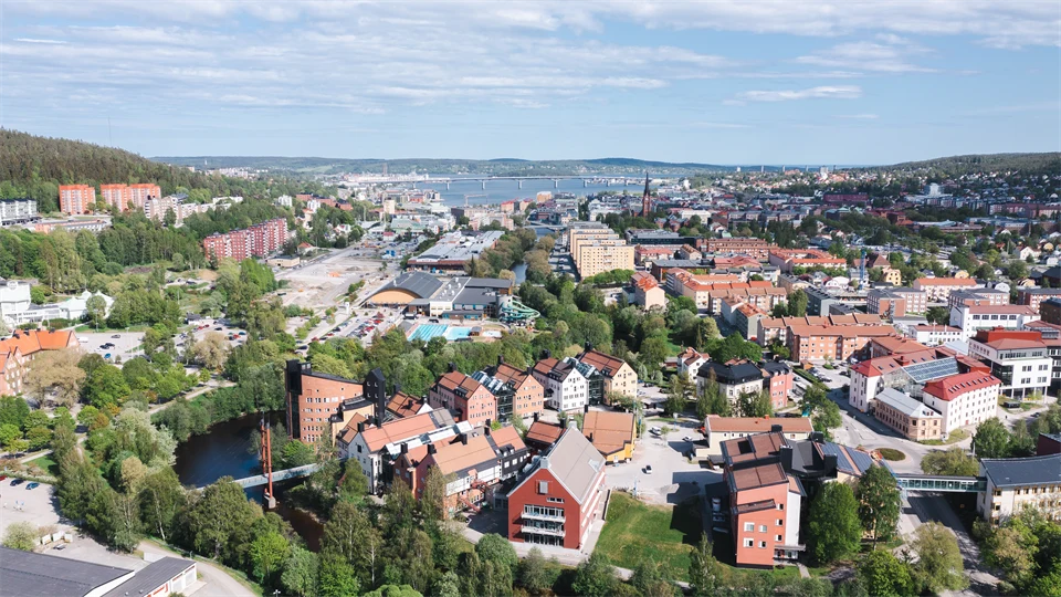 Drone image, Campus in the foreground, Sundsvall city in the background