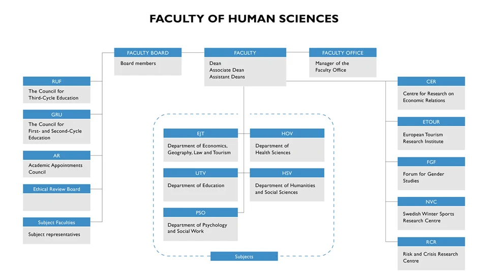 Illustration of the Faculty Board, Councils, Departments and Research Centres/Forums.