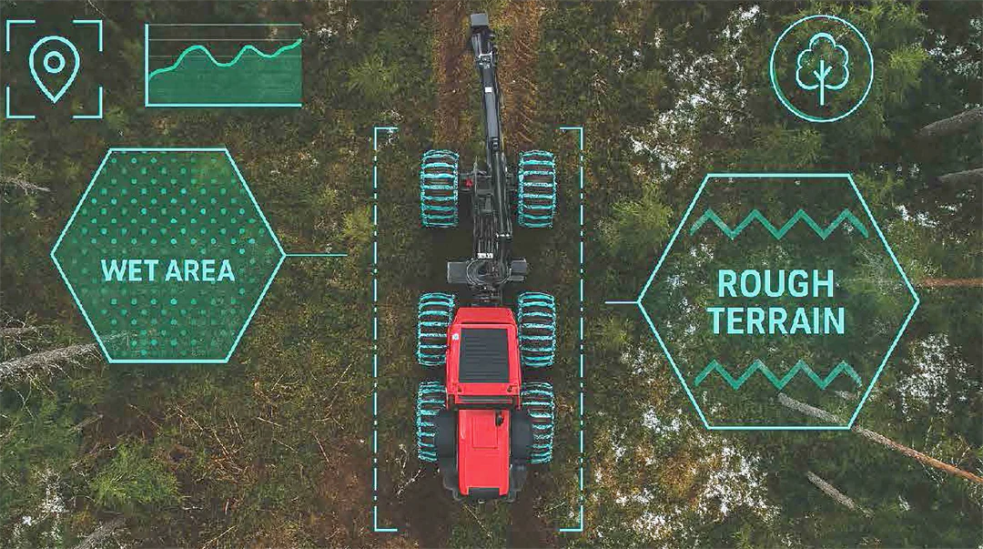 Forestmachine in the forest with digital symbols around