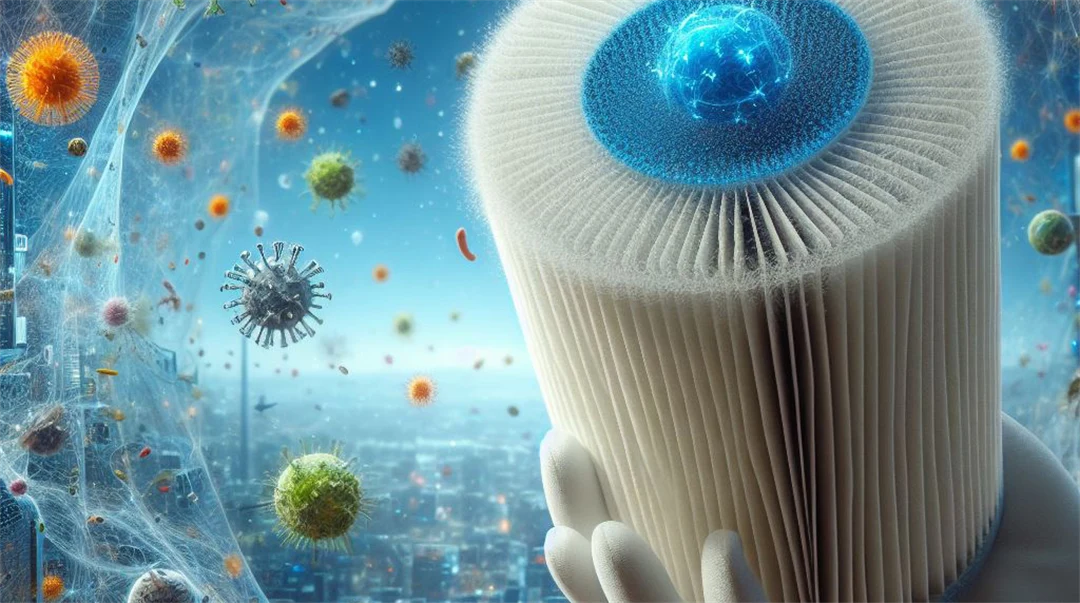 AI-genererad bild som visar en hand som håller i ett luftfilter och virus som finns runt om i bilden.