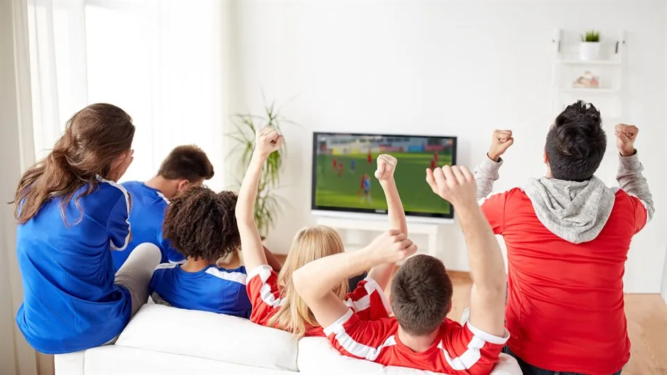 Fotbollsfans framför TVn