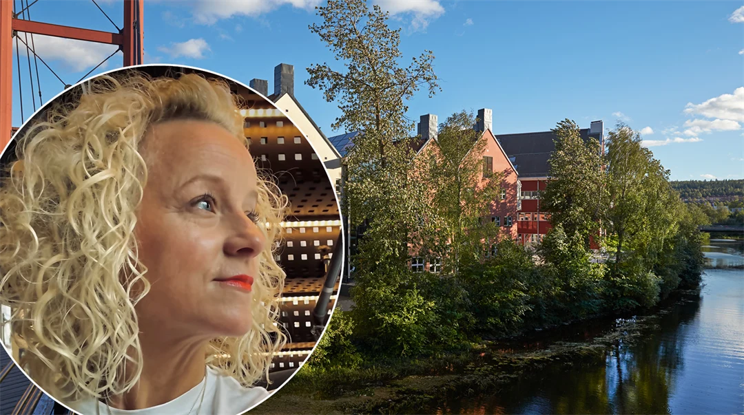 ett porträtt av en kvinna samt en bakgrund med hus och vatten