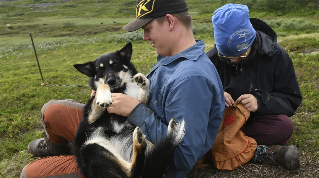 Två ungdomar och en hund. 