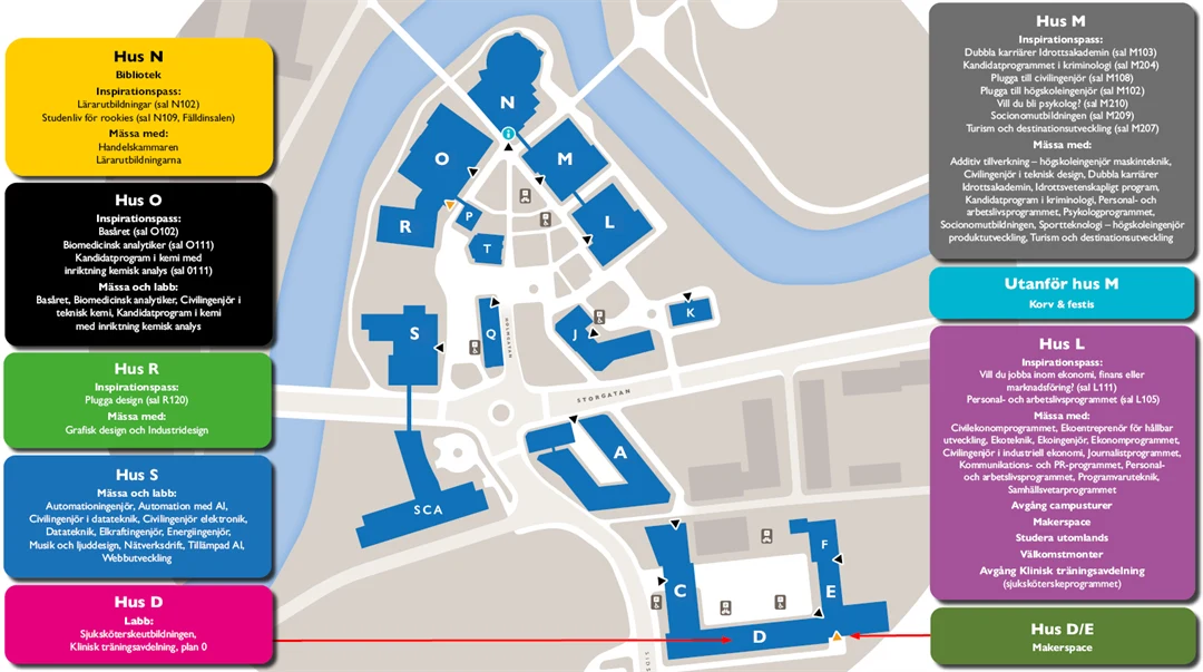 karta över de byggnader som används på Öppet hus 2025 i Sundsvall