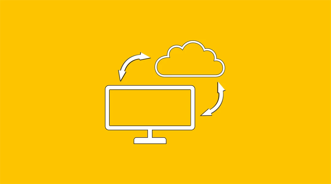 dator, moln och pilikoner på gul bakgrund
