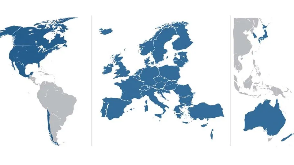 Stiliserad världskarta där EU- och OECD-länderna är blå och övriga länder är grå.