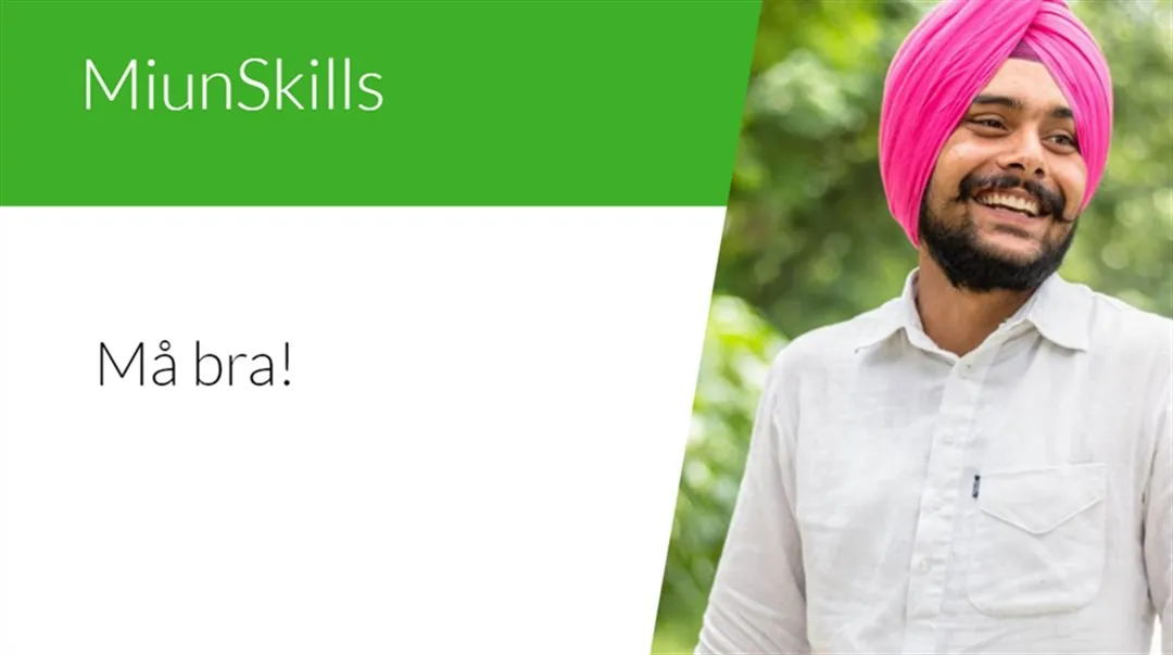 Text MiunSkills Må bra och Bild på en man i rosa turban