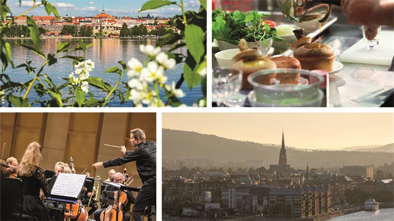 Fyra bilder i ett kollage. En bild visar Östersunds centrum. En annan bild visar Sundsvalls stad. En bild visar vackert presenterad mat. Den sista bilden visar en orkester som dirigeras av en dirigent. 