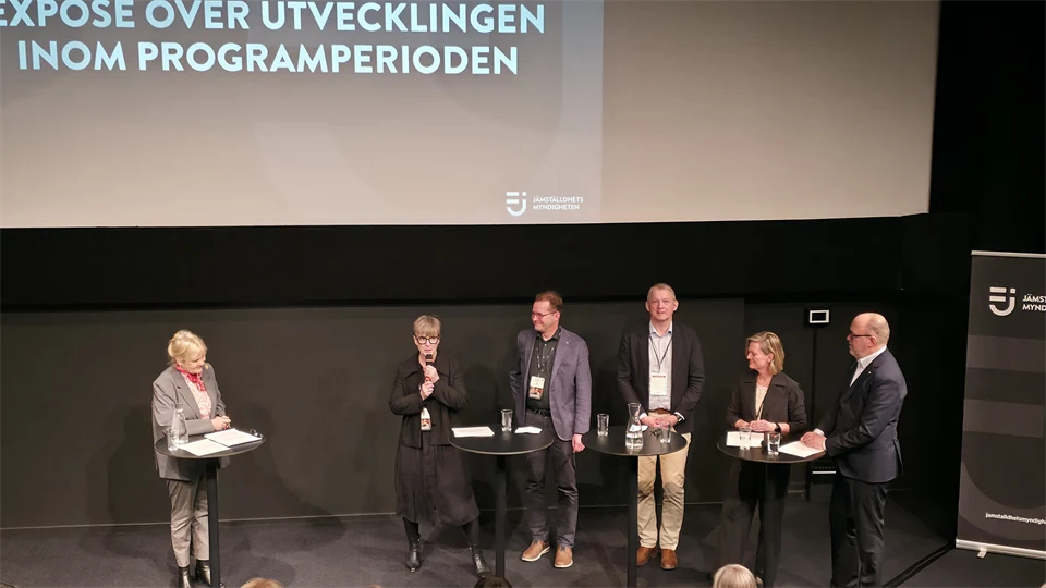 Tre kvinnor och tre män står på en scen