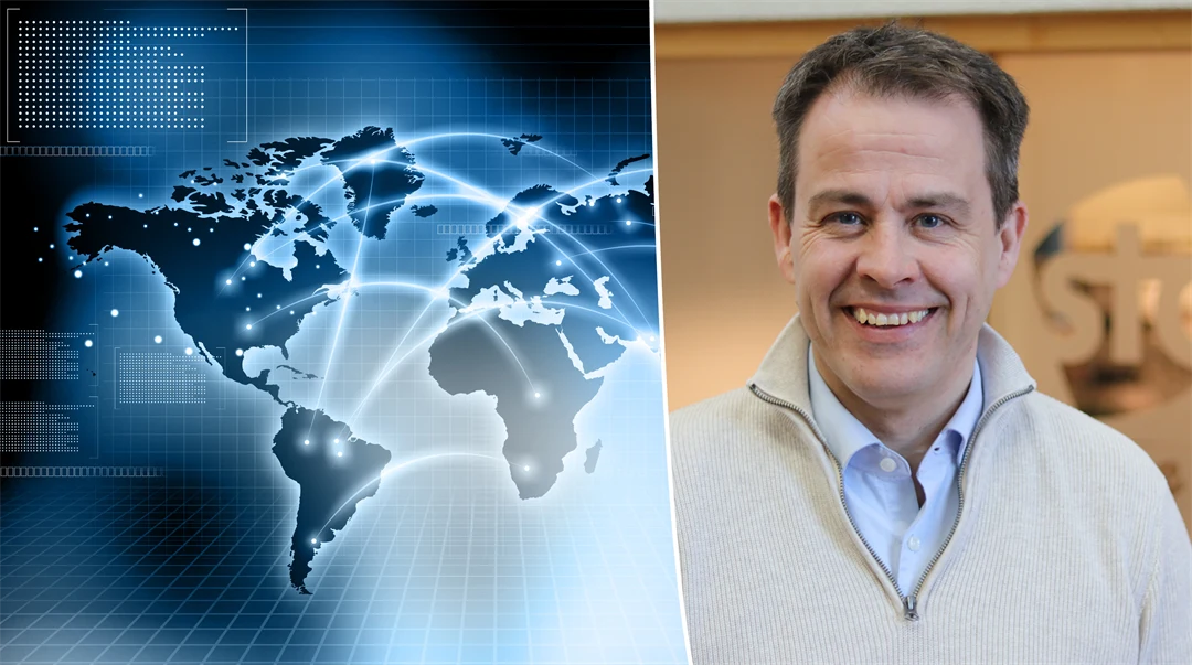 Kollage med en världskarta och en porträttbild på en man.