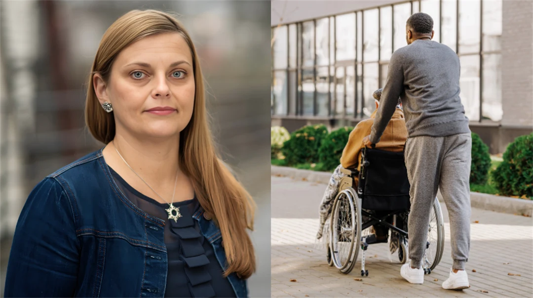 Två bilder i kollage. Den ena med en kvinnlig forskare framför suddig bakgrund och den andra på en kvinna i rullstol som skjutsas av en assistent  