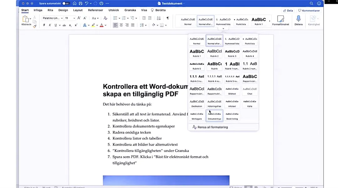 Kontrollera ett Word-dokument för att skapa en tillgänglig PDF på Mac.