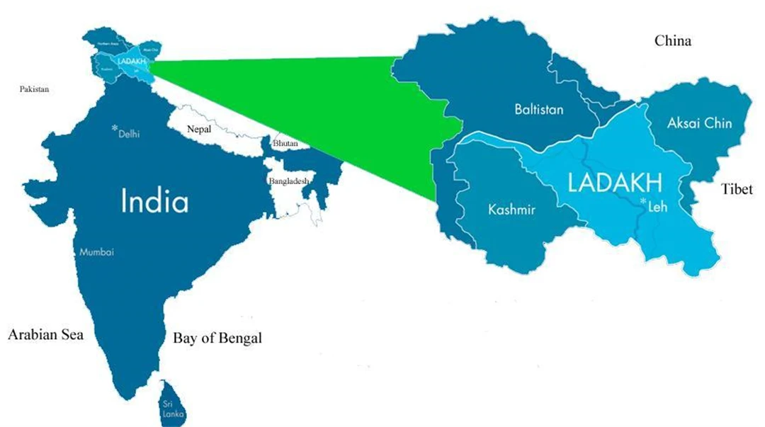 Karta över Indien som visar var Kashmir och Ladakh ligger.