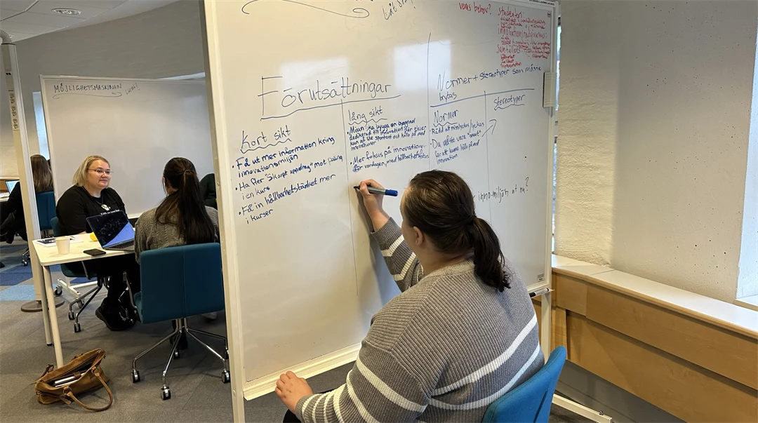 En student från laget Gränssprängarna skriver på en whiteboard-tavla.
