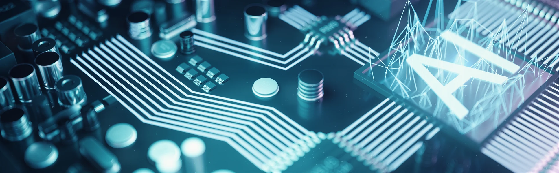 3D illustration abstract artificial intelligence on a printed circuit board. Technology and engineering concept. Neurons of artificial intelligence. Electronic chip, head processor 