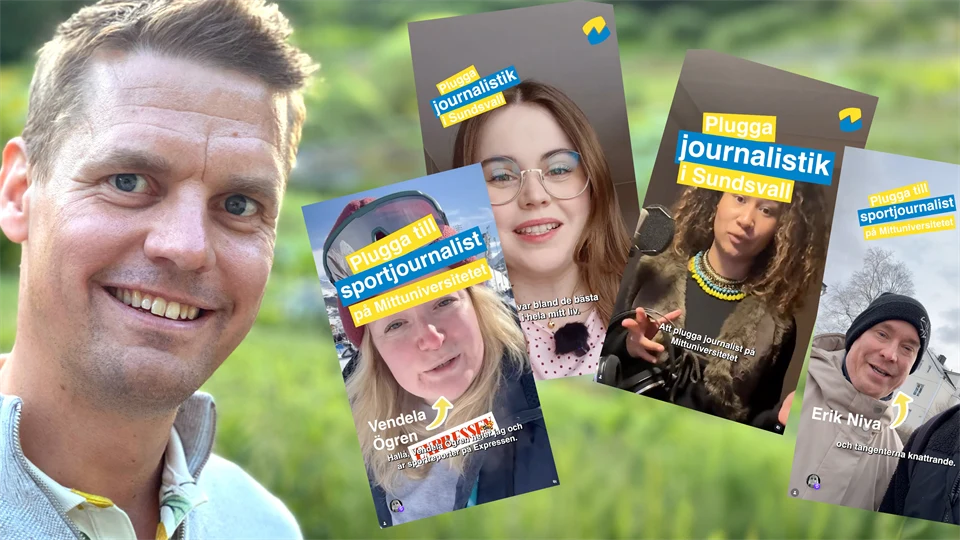 En man tittar in i kameran och ler. Intill honom är fyra bilder med lite text inmoterade.