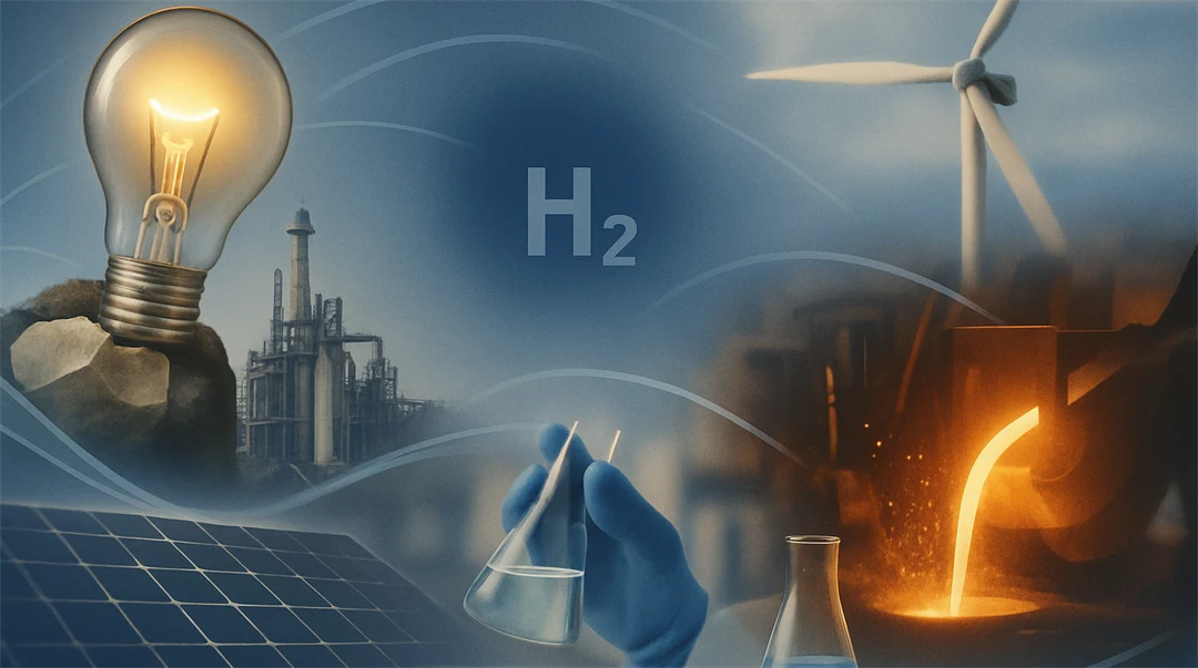 An illustration showing a light bulb, a hand holding a glass container, a wind turbine, a solar panel, molten metal and the chemical symbol for hydrogen.