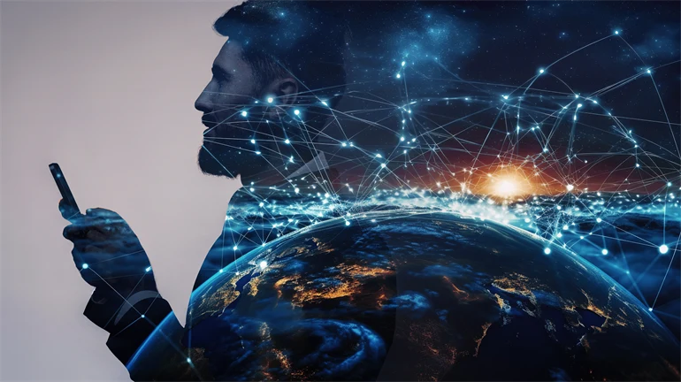 Affärsman som står mot en stor digital medieskärm, cybervärldskoncept för framtida koncept