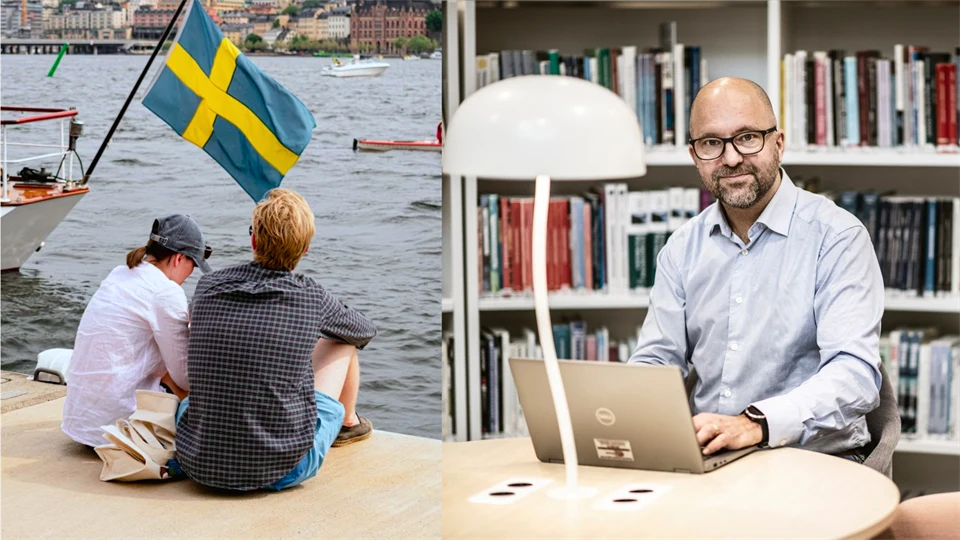 Kollage av två bilder. Till höger syns en man i glasögon och mörkblå kavaj. Till vänster syns två turister som sitter på en brygga och tittar ut över Stockholm. 