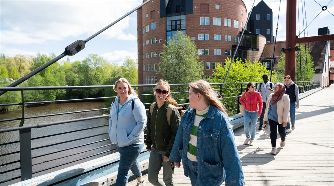 Studenter som går på bro vid Åkroken, Campus Sundsvall. 