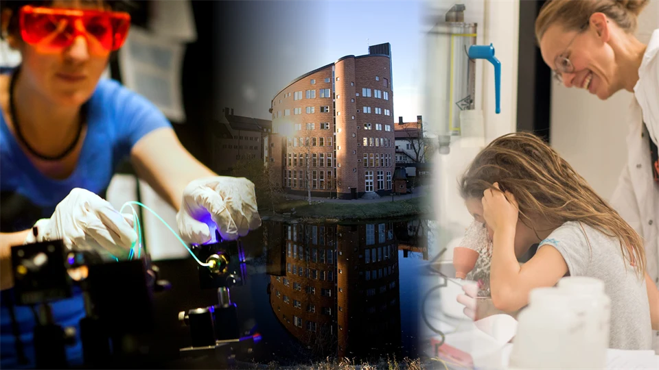Kollage med Mittuniversitets fasad, en person i laserlabbet och en forskare i vit rock tillsammans med ett barn.