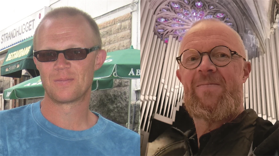 Två porträttbilder på en man, den vänstra visar honom för 20 år sedan och den högra visar honom idag.