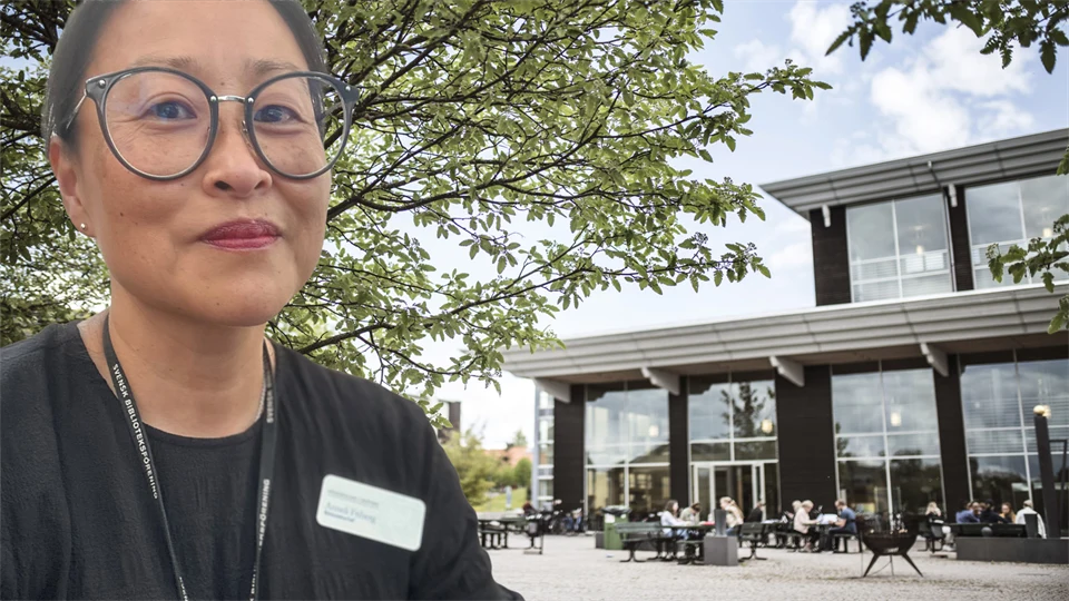 Montage of a woman wearing a black sweater and glasses with trees and buildings in the background.
