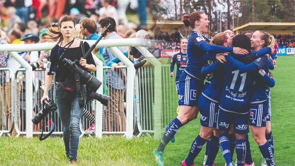 Bildmontage. En kvinna med flera kameror står framför en stor grupp människor. Bredvid den bilden kramas flera kvinnor i fotbollskläder på en gräsplan.