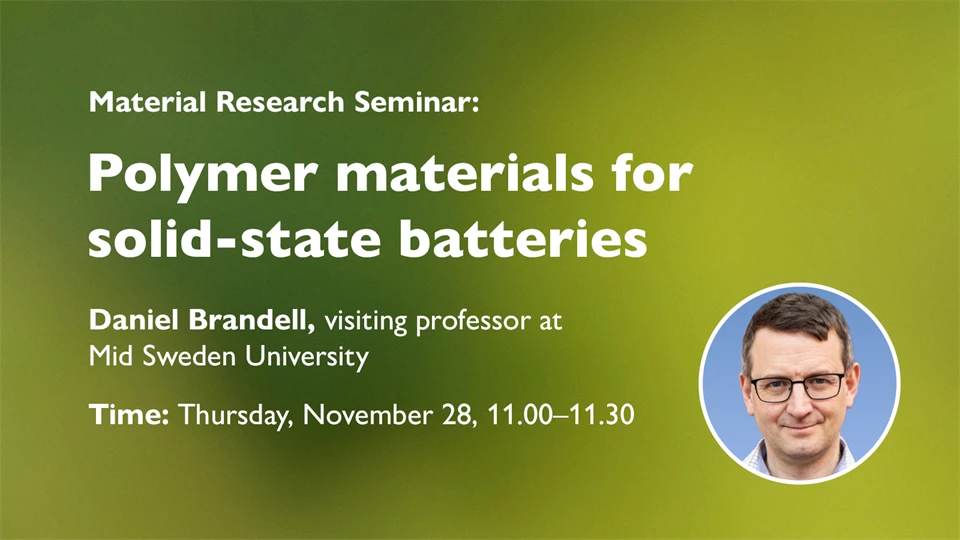  A white text with information about a seminar lies on a green background. A portrait photo of a man with glasses is also on the green background.