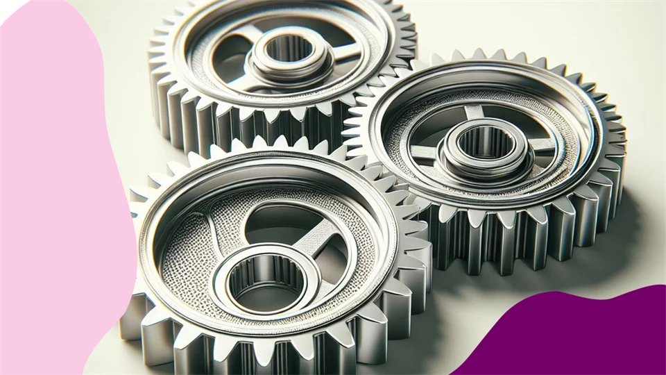 Tre kugghjul med färgstänk i rosa och lila