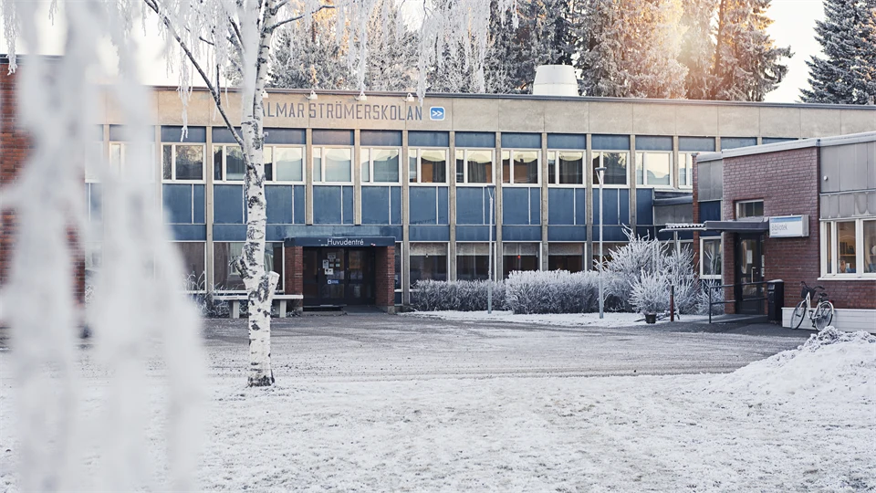 Vinterbild, fasad på skola