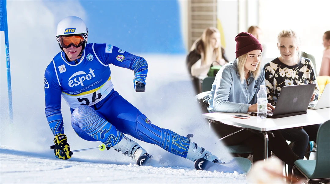 Bildkollage av alpin paraskidåkare och studenter med dator vid ett bord.