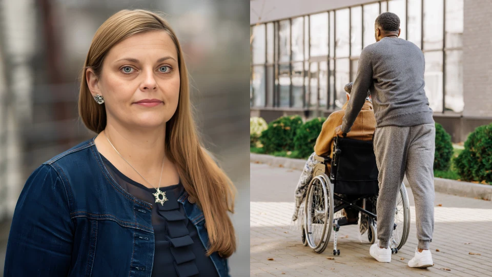 Två bilder i kollage. Den ena med en kvinnlig forskare framför suddig bakgrund och den andra på en kvinna i rullstol som skjutsas av en assistent  