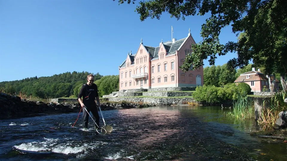 Man elfisker i Rolfsån framför Gåsevadholm