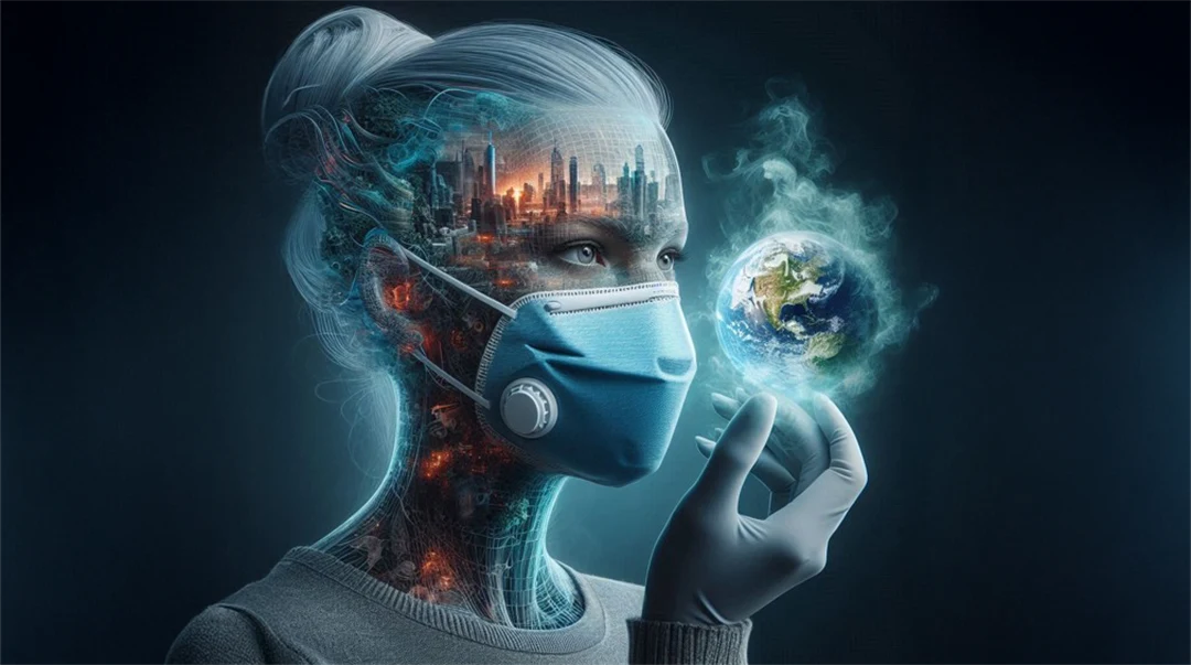 AI-generated image of a woman wearing a face mask, looking at a globe, with a cityscape emerging on her skin.