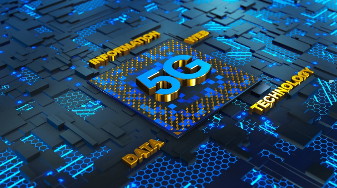 Conceptual composition of network processor with 5G logo on circuit board. 3d render. 