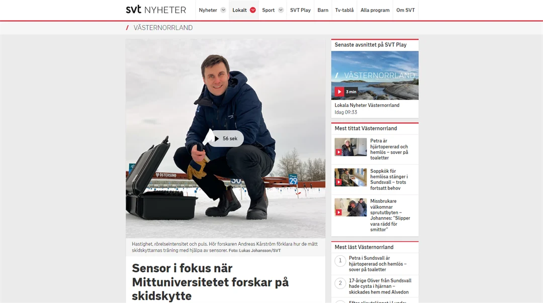 Skärmklipp från SVT Nyheter Västernorrland som visar nyhet om forskning från Mittuniversitetet.