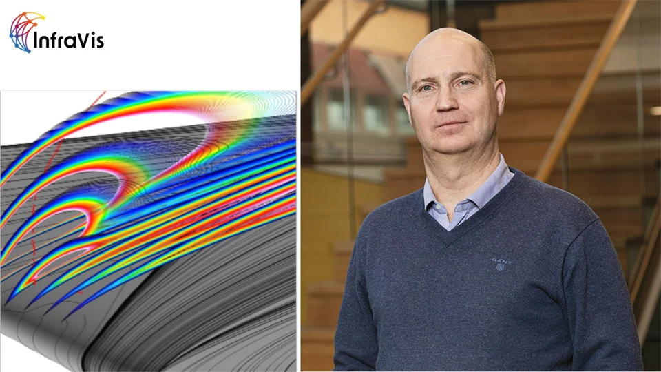 Kollage med datavisualisering från InfraVis och porträttbild på man