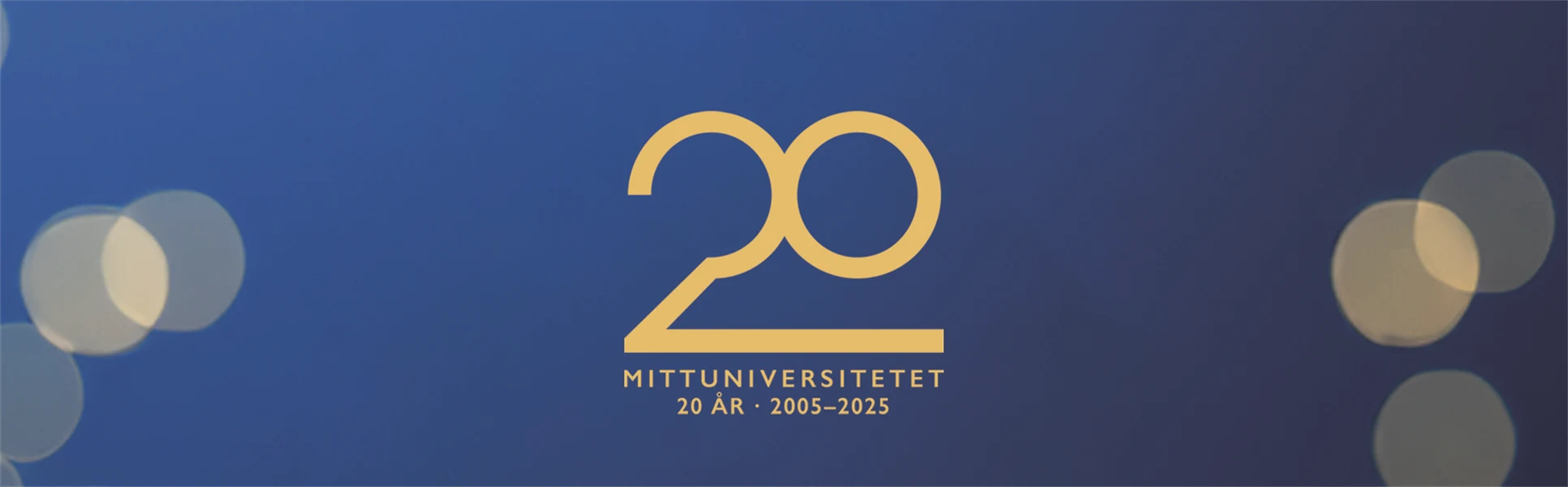 Mörkblå bakgrund med gildglitter och texten Mittuniversitetet 20 år 2005-2025.