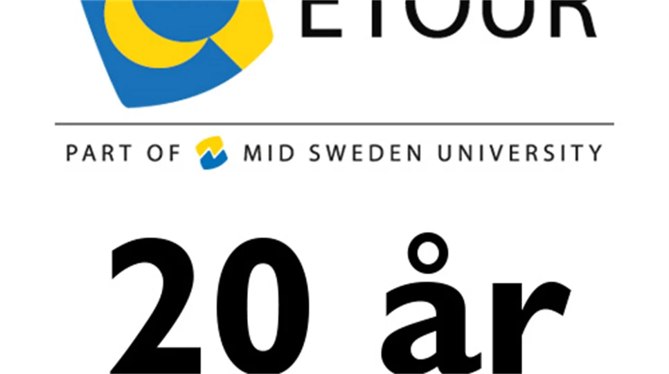 ETOUR logotyp plust text "20 år i turismforskningens tjänst"