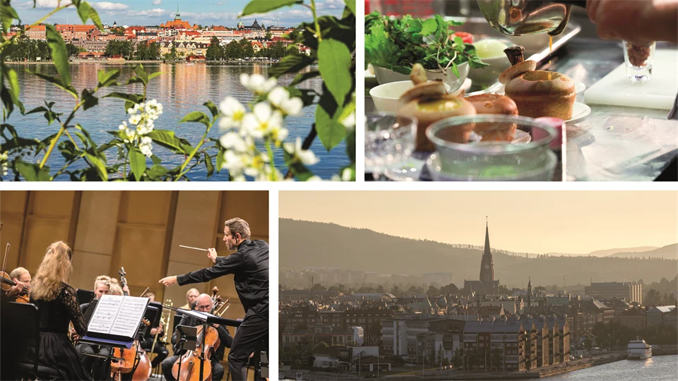 Fyra bilder i ett kollage. En bild visar Östersunds centrum. En annan bild visar Sundsvalls stad. En bild visar vackert presenterad mat. Den sista bilden visar en orkester som dirigeras av en dirigent. 