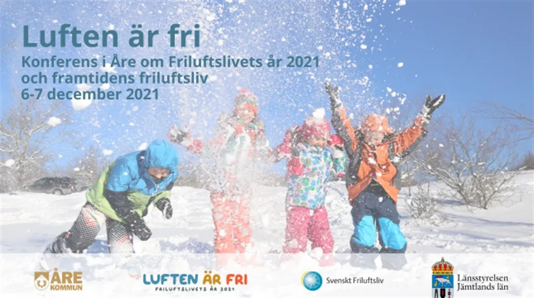 Fyra barn som leker i snön, med information angående en konferens