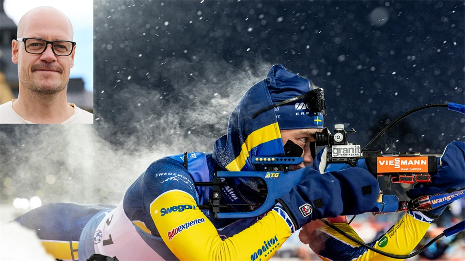 Collage: portrait of a man in the upper left corner of an image of a biathlete lying down to shoot, heat evaporating from his body.