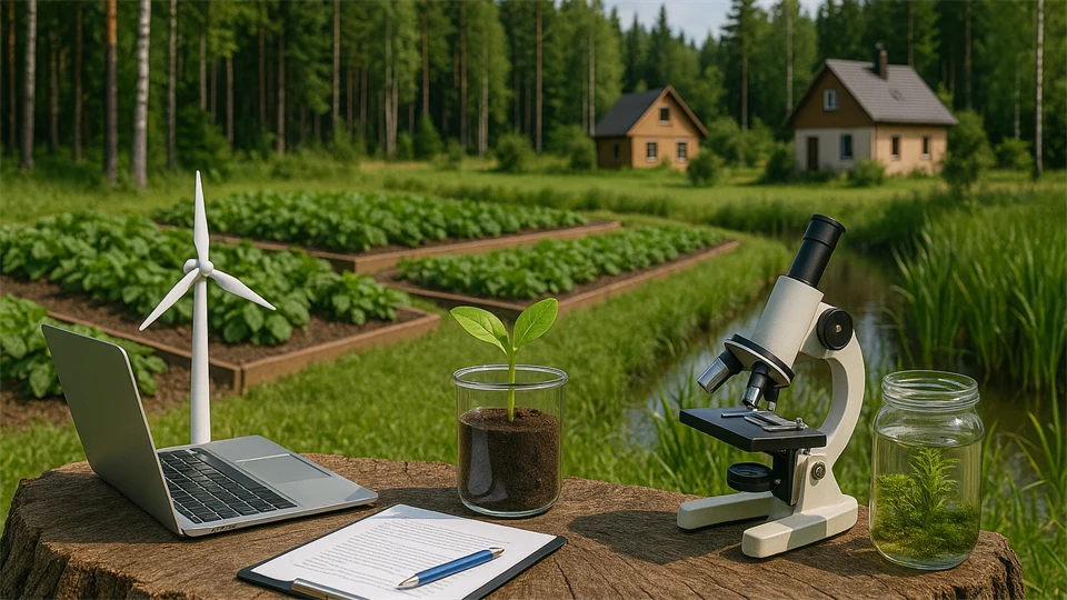 On a tree stump, there is a microscope, a laptop, and a small plant in a glass jar - in the background, there are some houses, fields, and forest.