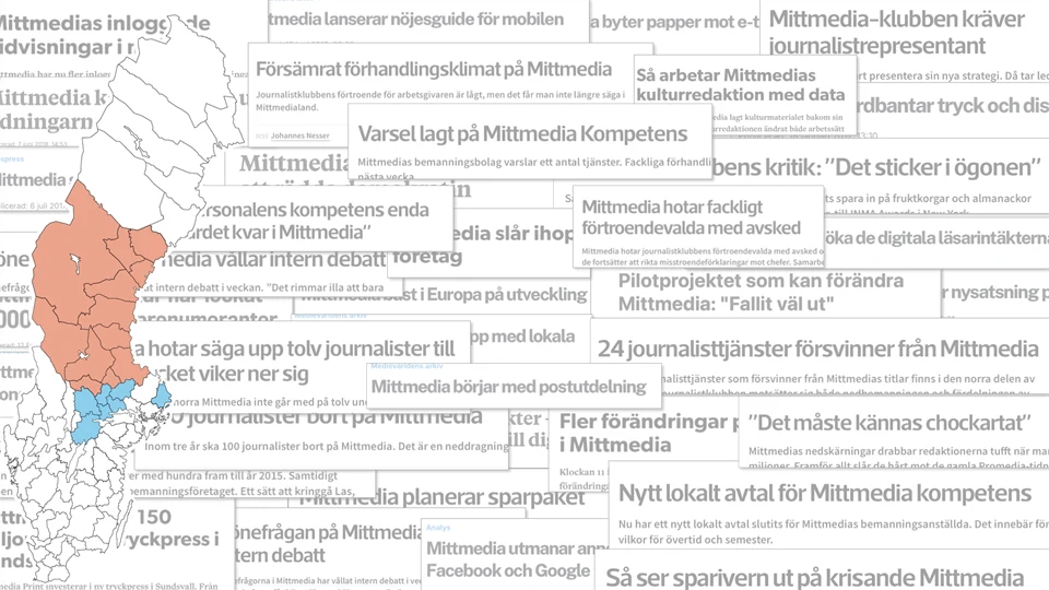 Sverigekarta samt dimmade tidningsrubriker