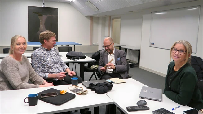 Två kvinnor och två män, alla forskare, sitter ned i ett konferensrum och pratar