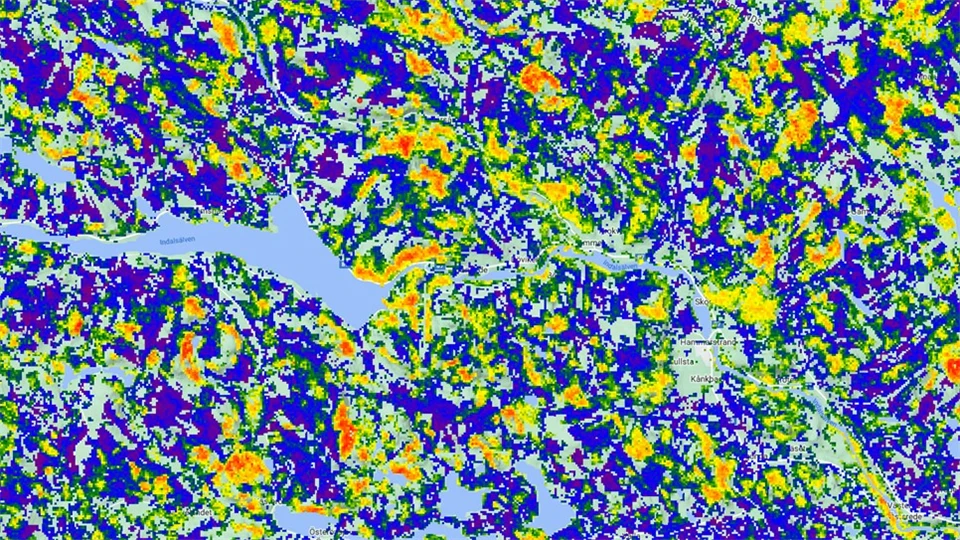 Utsnitt av naturvärdeskarta med olika färgfält
